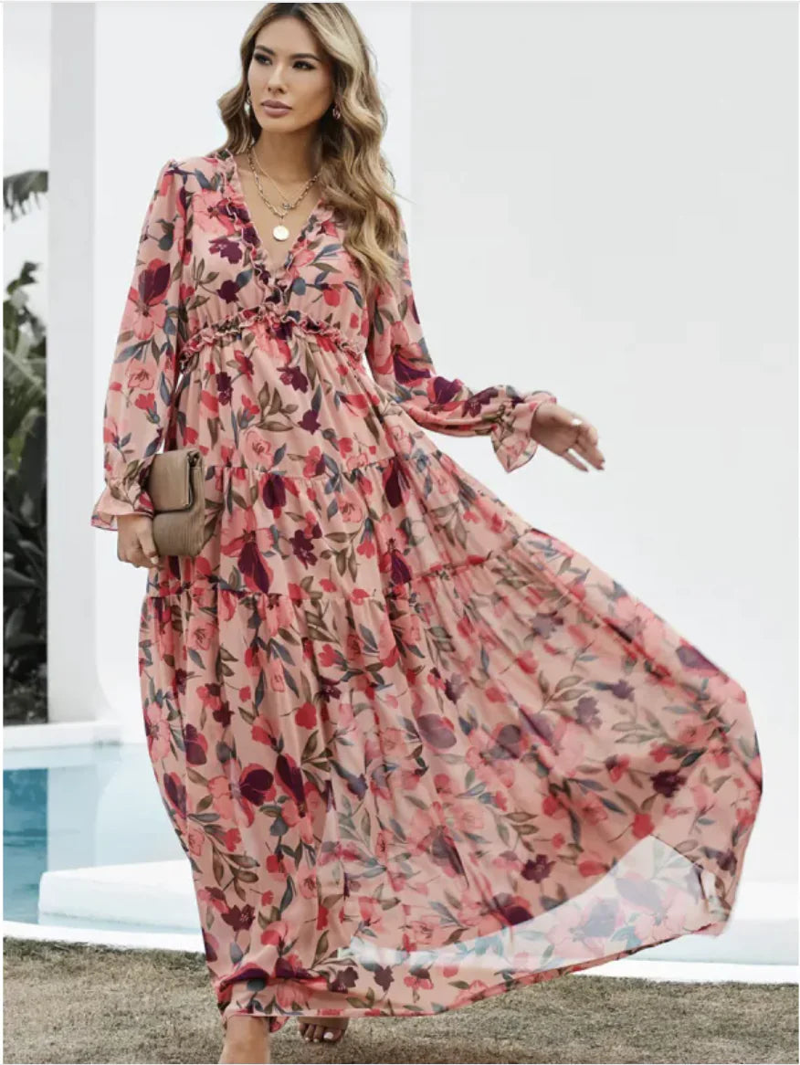 Printed Long Sleeve Dress Women's V-neck Loose