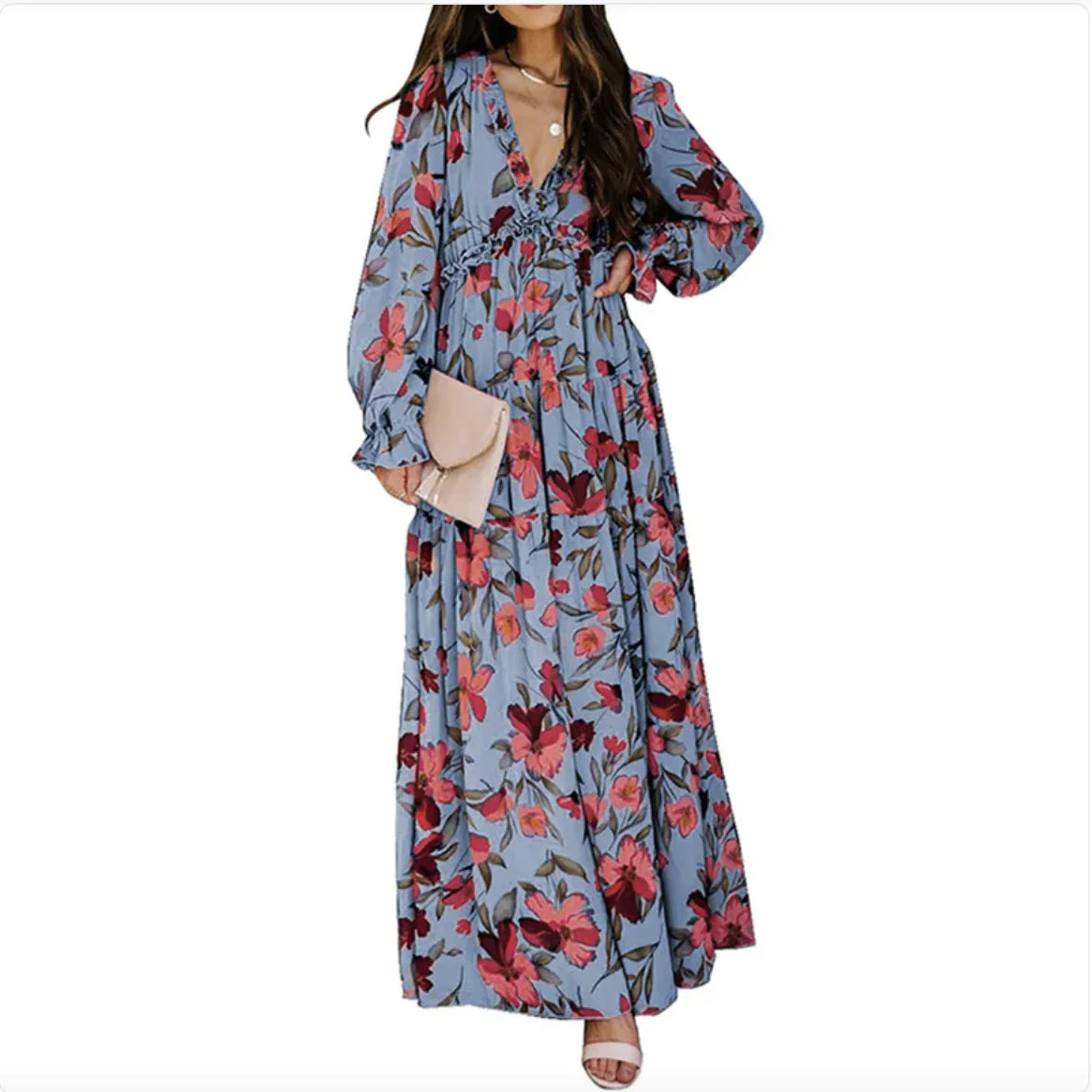 Printed Long Sleeve Dress Women's V-neck Loose