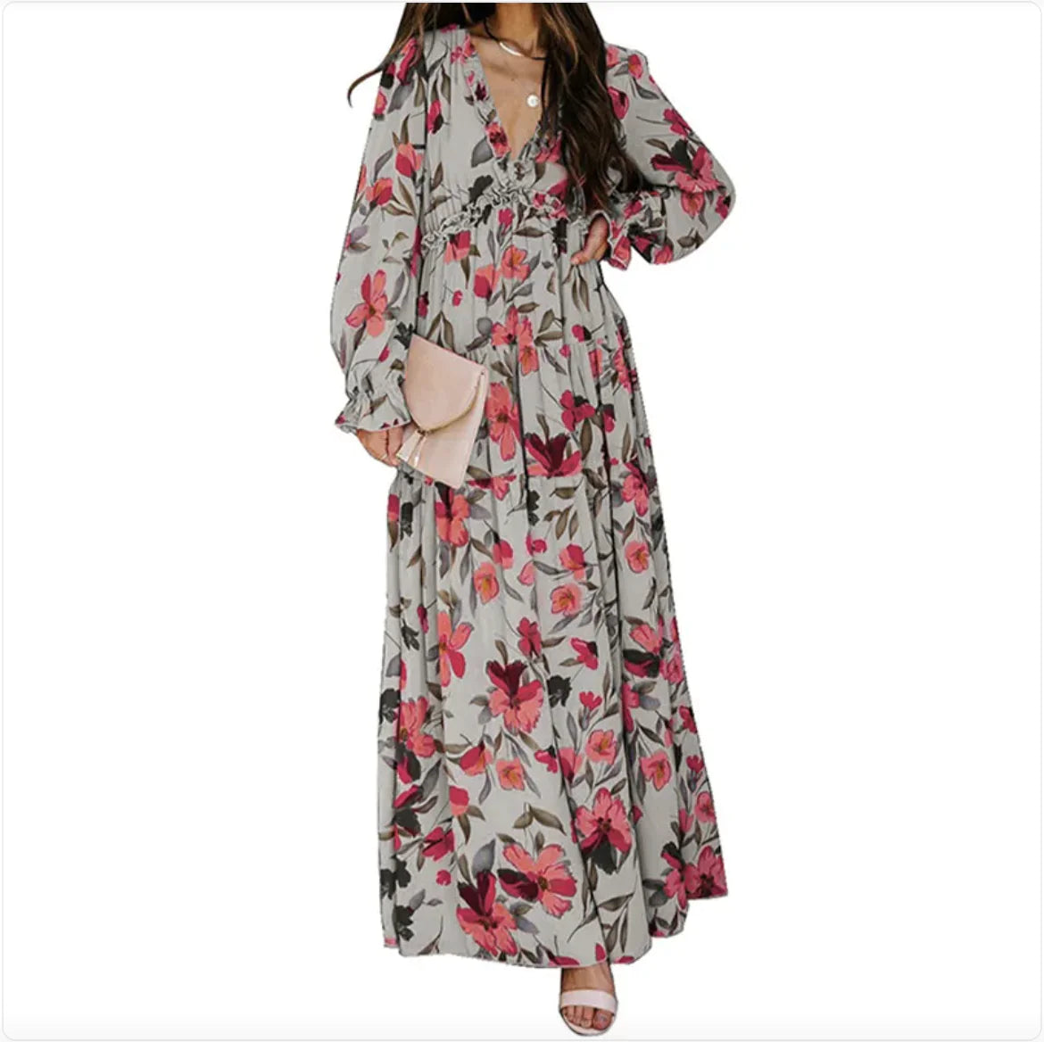 Printed Long Sleeve Dress Women's V-neck Loose